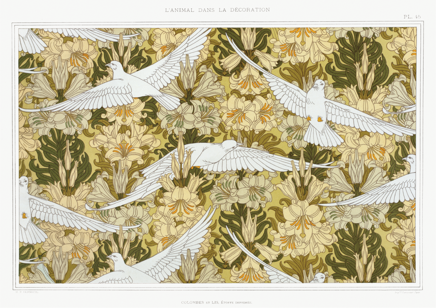 Doves and lilies on printed fabric from The Animal in the Decoration