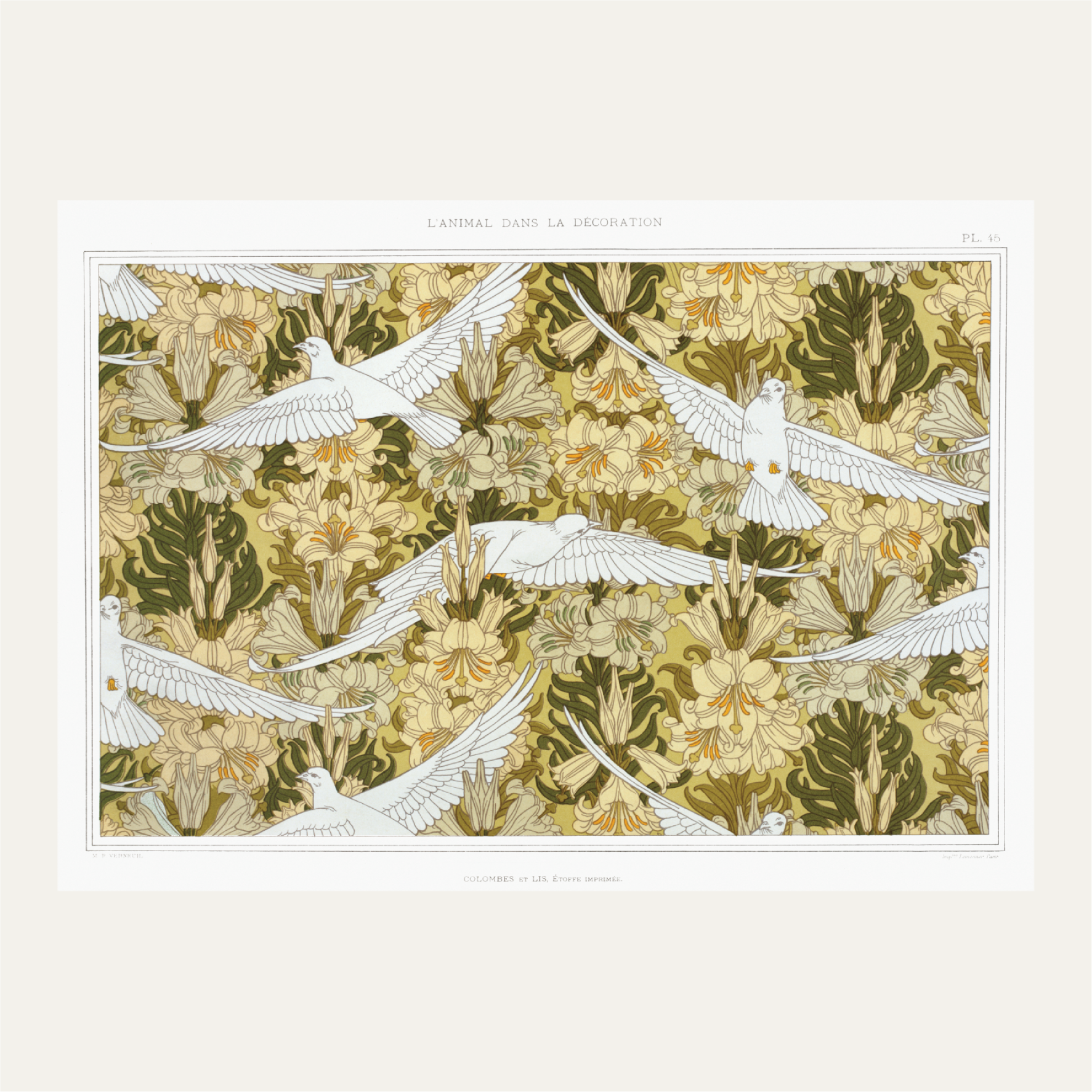 Doves and lilies on printed fabric from The Animal in the Decoration