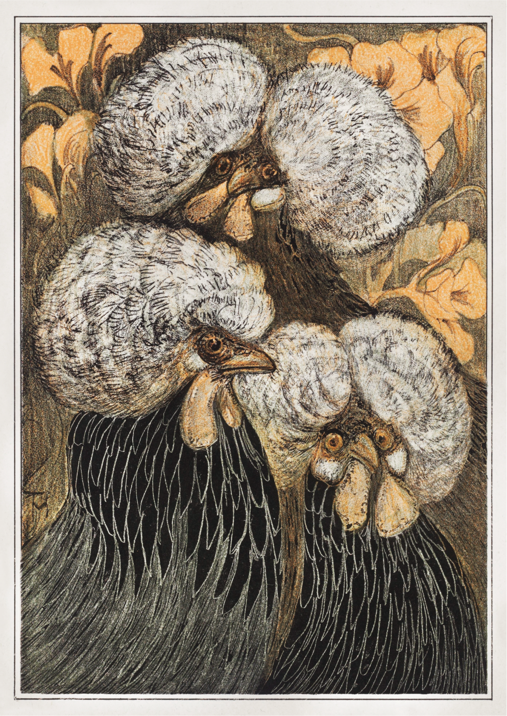 Three crested chickens